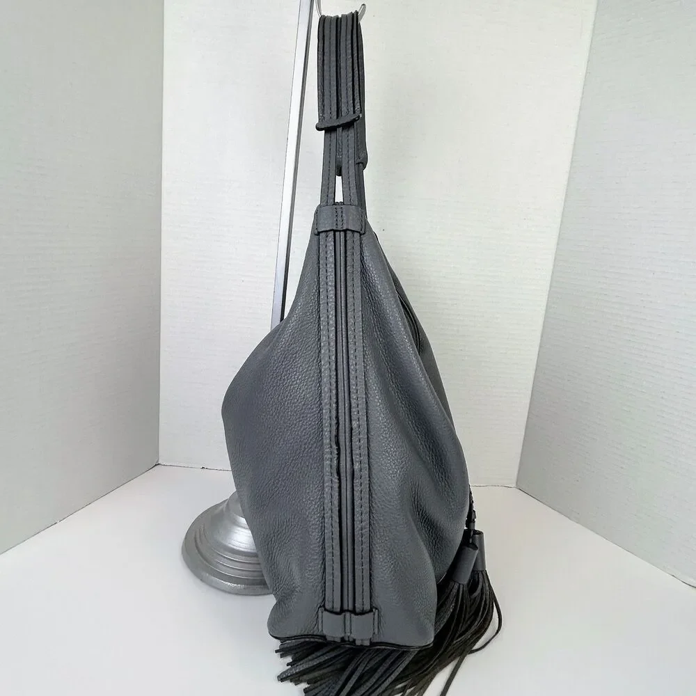 Rebecca Minkoff Isobel Tassel Hobo Grey Leather Shoulder Bag Fringe Braided Boho